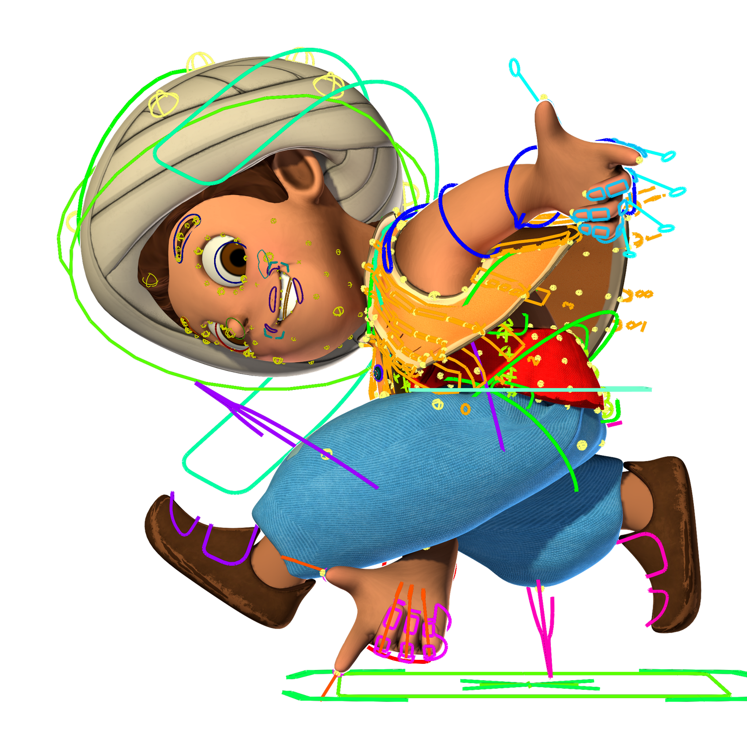 A 3D character with its animation rig and skeleton visible