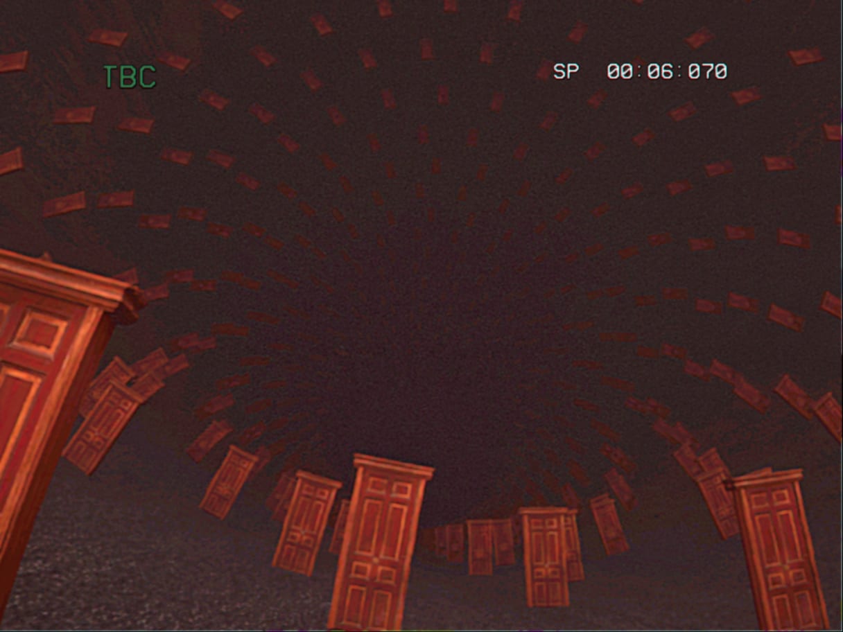 Floating red doors in a surreal dark space